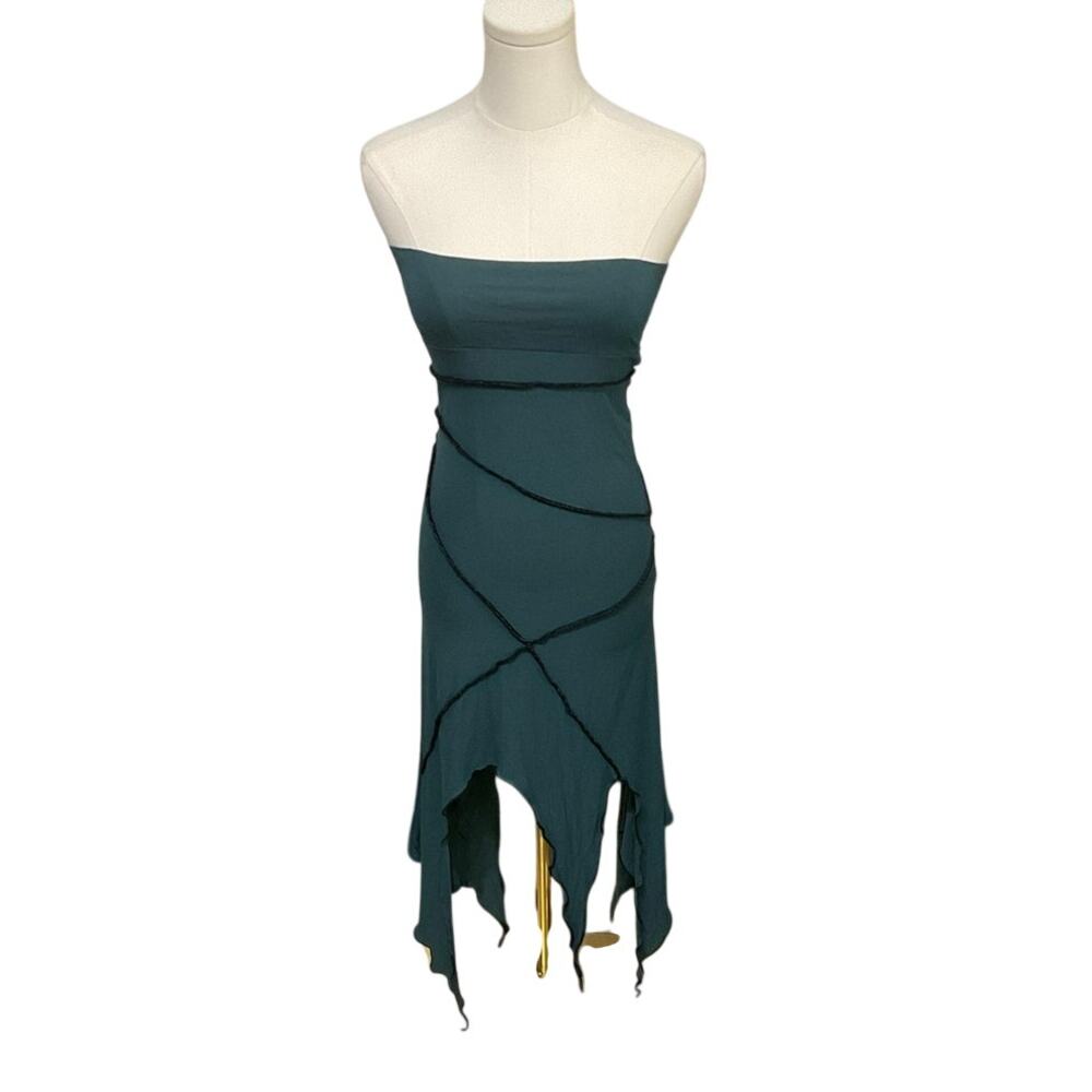 Abstractika Strapless Teal Midi Dress Skirt Asymmetrical Jagged Pixie Hem Small - Picture 1 of 8